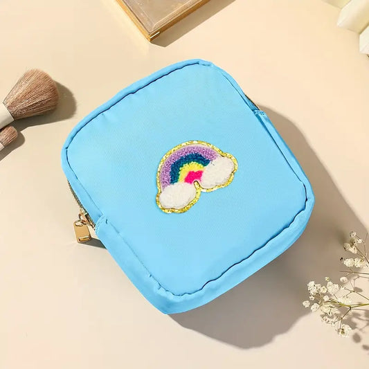 Sanitary Napkin Storage Bag Make Up Organizer For Women Girls - Blue & Rainbow Patch Decor